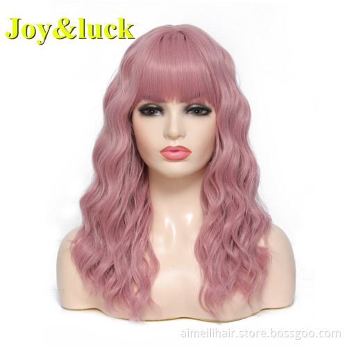 wholesale prices blue wig for women party 18 inch medium length wig with bangs natural water wave cosplay synthetic hair wigs